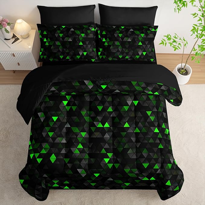 Nttopship Geometric Green Black Triangle Queen Size Comforter Set,Light Honeycomb Bedding Set 7 Piece in A Bag,Bed Sheet Set Geometry Decor,Microfiber Lightweight All Season