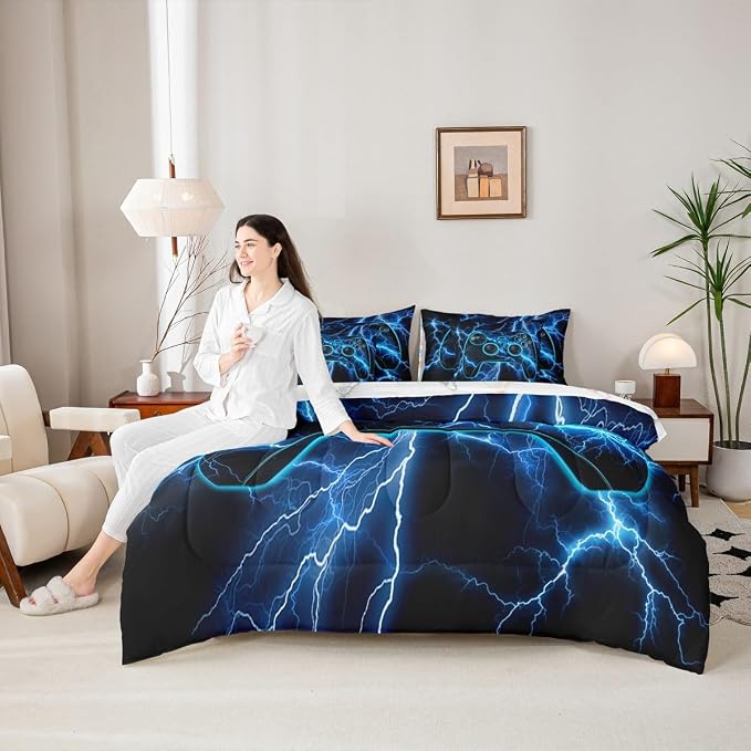 Erosebridal Gaming Comforter Set 7-Piece Bed in a Bag Twin, Gamer Bedding Sets Video Game Consoles Comforter and Sheet Set, Blue Lightning Room Decor,Gamer Room Decor for Boys