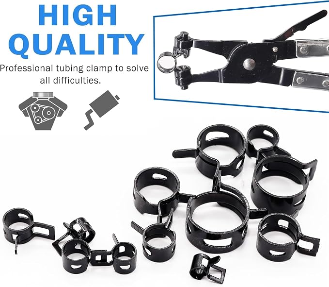 Tnisesm 121Pcs 6-22mm Spring Hose Clamp Assortment Kits with Swivel Flat Band Fuel Hose Clamp Plier, Silicone Vacuum Hose Action Pipe Clamp Low Pressure Air Clip Clamp Hoses Clamps sleeving(Black)