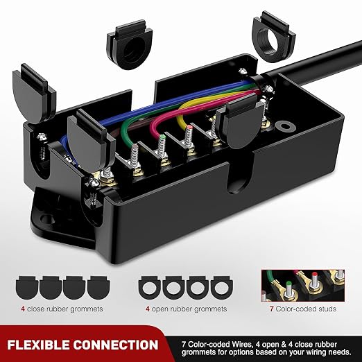 Nilight Heavy Duty 7 Way Inline Trailer Plug with 7 Gang Junction Box | Weatherproof 12 Feet Connector Cable Wiring Harness Suitable for RV Automotives Cars