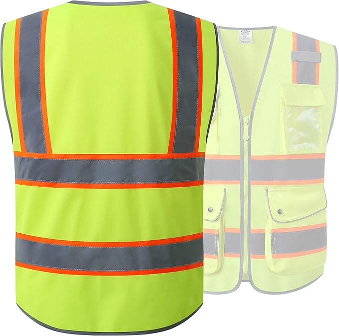 JKSafety 9 Pockets Hi-Vis Neon Yellow Color Zipper Front Safety Vest with Fluorescent Orange Extend Edge outlining the Reflective Tapes Meet ANSI/ISEA Class 2 Standard (901-Yellow, 3X-Large)