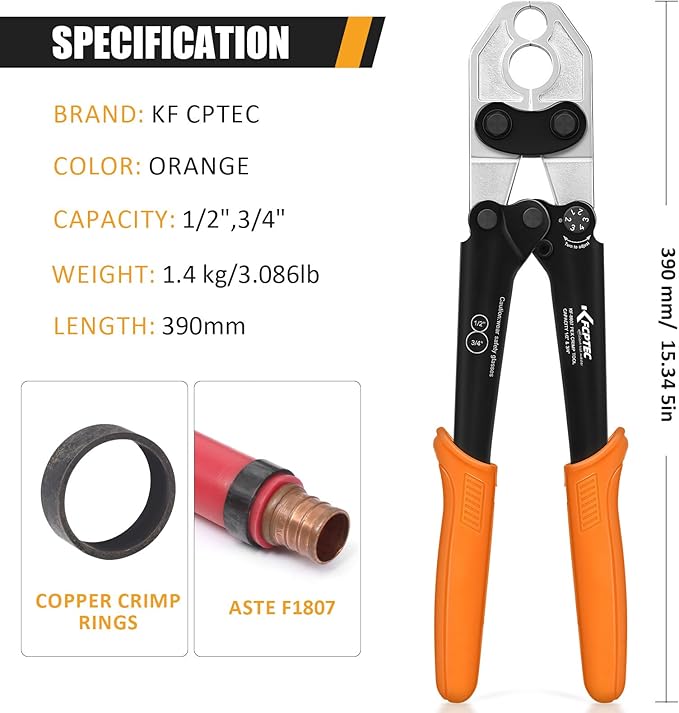 KF CPTEC PEX Clamp Tool Kit, 1/2" & 3/4" PEX Crimping Tool with Go/No-Go Gauge, ASTM F1807 Compliant, Chrome-Plated Jaw, Includes Assorted Accessories for Plumbing Installation & Repair