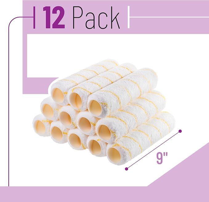 Bates- Paint Roller Covers, 9" x 3/8", 12 Pack, Yellow Stripes, Covers for Paint Rollers 9 Inch, 9 Inch Paint Roller Covers, Paint Roller Cover, Paint Roller Covers 9 Inch, Large Paint Roller Covers