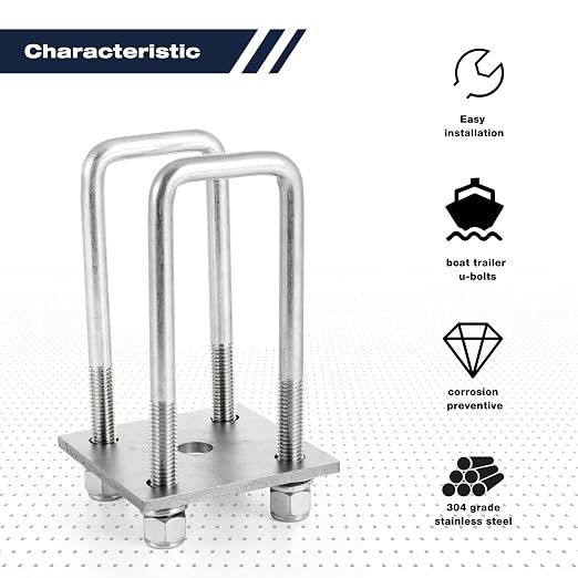 Stainless Steel Square U Bolt Kit for Boat Trailer Axle Leaf Springs, for 2x2 Axle - 4 3/4" Long,2 inch Wide Square U-Bolts with Nuts and Frame Plate for Trailer Automobiles Trailer.