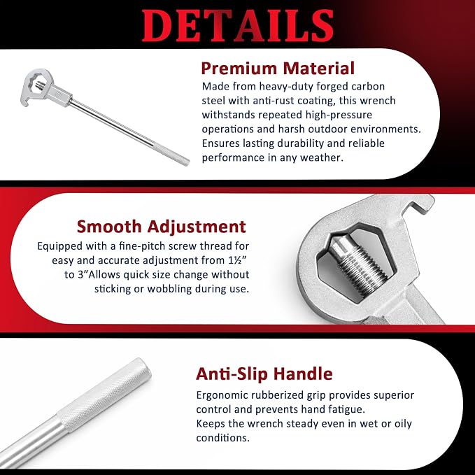 Podoy Adjustable Fire Hydrant Wrench Tool for 1-1/2" to 6" Bolt Head 2 PACK | Carbon Steel Hydrant Spanner Wrench for Loosening Caps and Opening Valves Water Meter/Pipe/Sprinkler Multifunction Tool