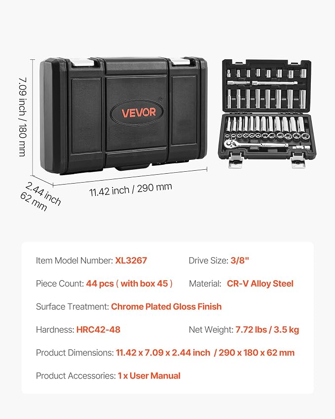 VEVOR Socket Set, 44 Pieces, 3/8 inch Drive Socket and Ratchet Set, SAE and Metric, Deep and Shallow, Mechanic Tool Kit with Accessories and Storage Case, CR-V Alloy Steel, for Automotive Repair