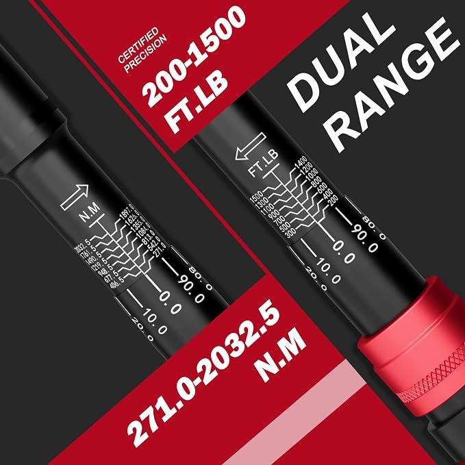 VANPO 1-inch Drive Click Torque Wrench, 200-1500 Ft-Lb, 70.87" Length | 271.0-2032.5 Nm, 24-Tooth, Heavy-Duty Torque Wrench Set with Hex Key for Construction Equipment & Large Engines