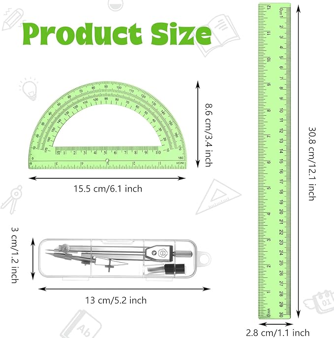 Zonon 3 Pcs Plastic Ruler 6 Inch Protractor Drawing Compass Set, Student Geometry Math Transparent Measuring Tools for Home School Classroom Office Supplies(12 Inch,Green)