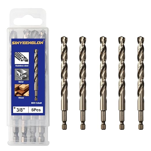 3/8 Cobalt Drill Bit for Metal and Hard Steel (5Pcs), Hex Shank Quick Change M35 HSS Twist Impact Drill Bit Set, with Storage Case