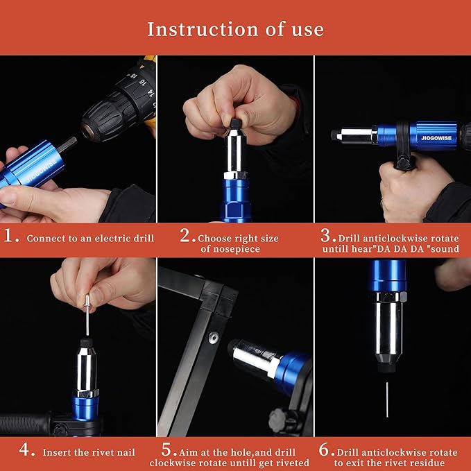 Professional Rivet Gun Adapter Kit,Electric Power Drill Rivet Attachment,Easy Processing for Pop Riveting Work,4 Rivet Heads 2.4mm 3.2mm 4.0mm 4.8mm and 80pcs Rivet Nails