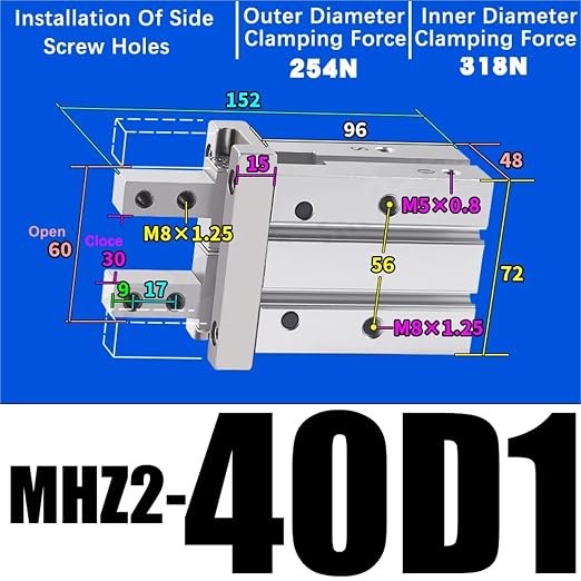 1PCS MHZ2 Pneumatic Finger Cylinder Parallel Gripper MHZ2-10/16/25/32/40D1/D2/D3 Side Thread Aluminium Clamps(MHZ2-40D1)
