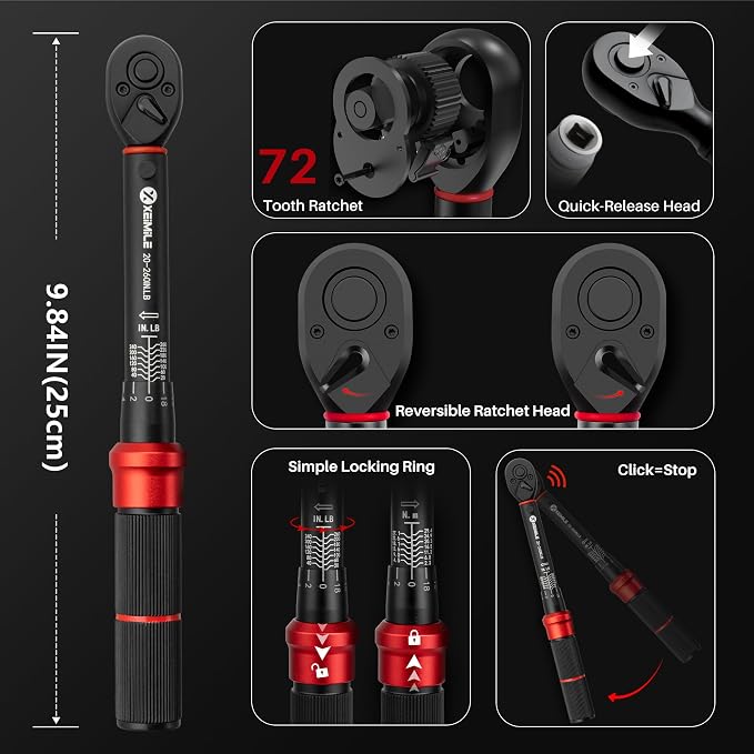 51Pc 1/4"Drive Torque Wrench Set 20-260In.Lb for Bicycle Motorcycle | Inch Pound Click Bike Torque Wrench(2.3-29.4Nm),72T Dual Direction 3% Precision,Small Torque for Car,Lug Nut,Gunsmithing DIY