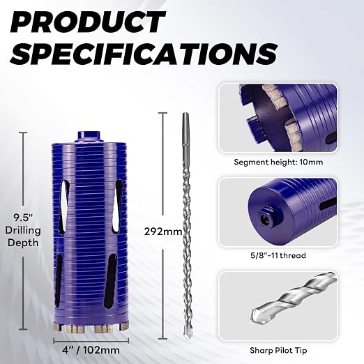 4" Core Drill Bit with Pilot Bit & Adapters(SDS Plus and 1/2" Hex), 5/8"-11 Thread, 9.5" Depth, Upgraded-Welded Segments Diamond Core Bits for Concrete, Masonry, Brick Block