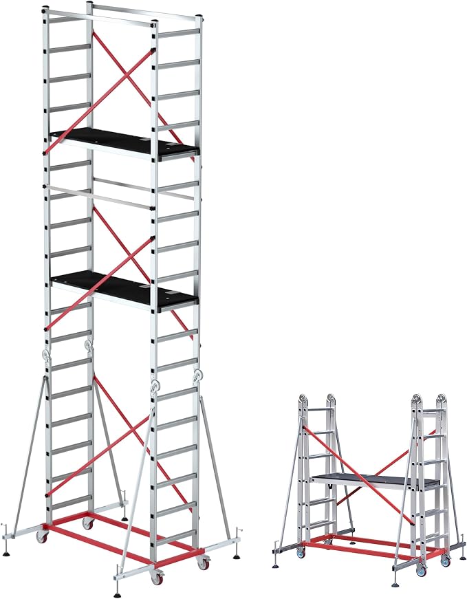 APARECIUM 18‘ Aluminum Scaffold Tower, Multipurpose Rolling Scaffolding Work Platform, Utility Scaffolding Tower, Adjustable Work Platform with Hatch Deck and Guard Rail, 500 Lbs Duty Rate
