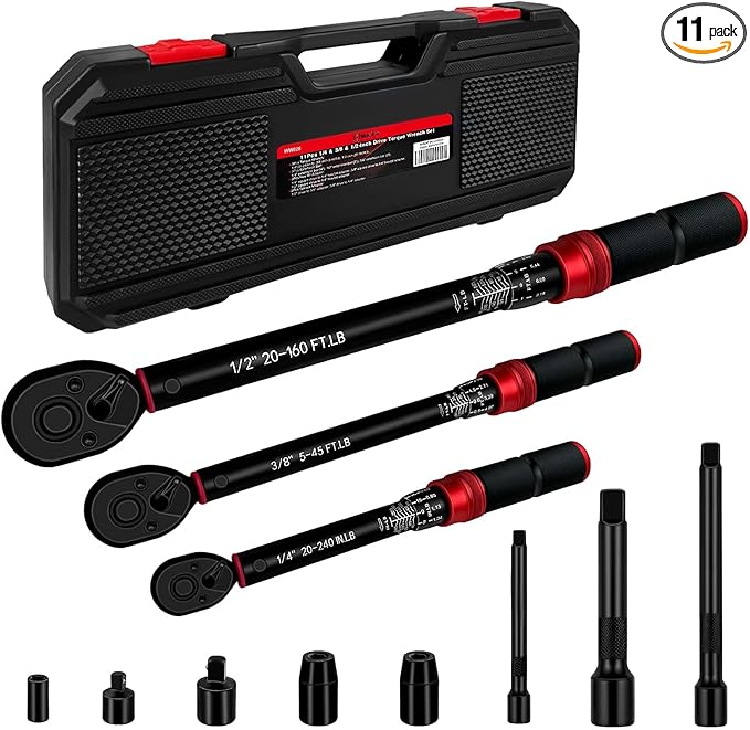 WETT 11Pcs Torque Wrench Set, 1/4'' & 3/8'' & 1/2'' Drive Click Torque Wrench, with Extension Bars & Adapters, Dual-Direction Adjustable Reversible 72-Tooth Ratchet Handle