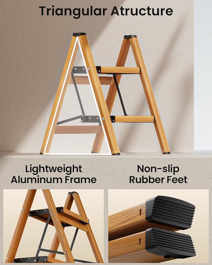 SOLADDER 2 Step Ladder, Folding Step Stool with Anti-Slip Wide Sturdy Pedal, Multi-Use for Home and Kitchen Use, Space Saving-Woodgrain(300lbs Capacity)
