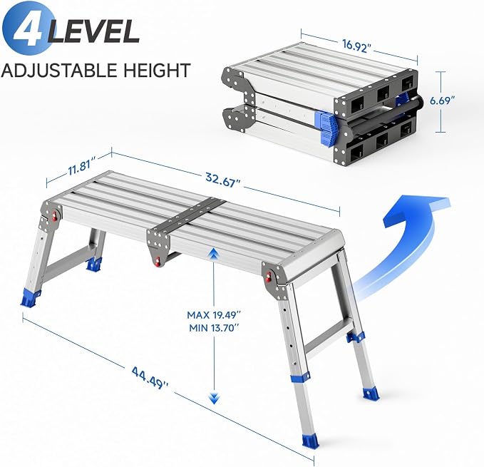 Loyoda Folding Work Platform for Adults, Aluminum Foldable Step Stool Adjustable Height, Lightweight and Durable Portable Outdoor Aluminum Step Ladder, Maximum Load Capacity of 500 Pounds.