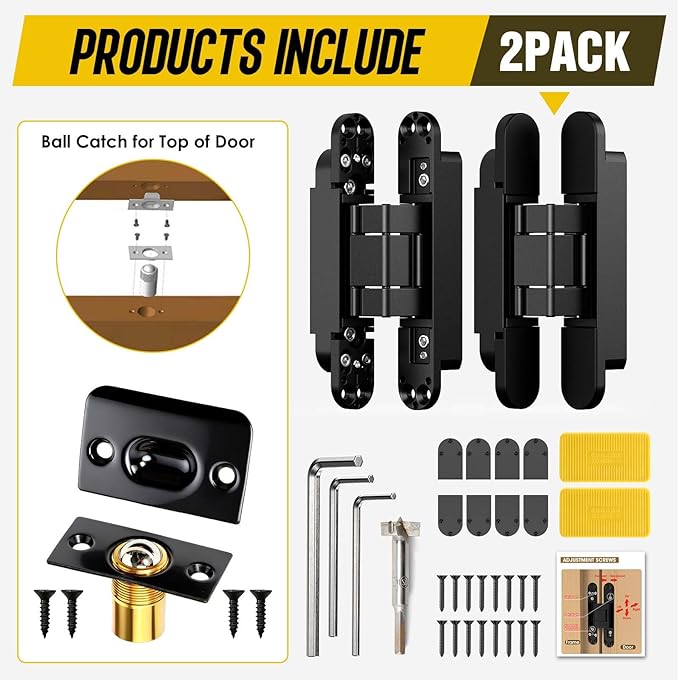 6inch Hidden Door Hinge,Concealed Hinges,Hidden Door Hardware kit,Invisible Door Silent 180 Degree Swing Hinge 3-Way Adjustable Butt 6 x 2.5 x 1inch (Black, 6 inches)