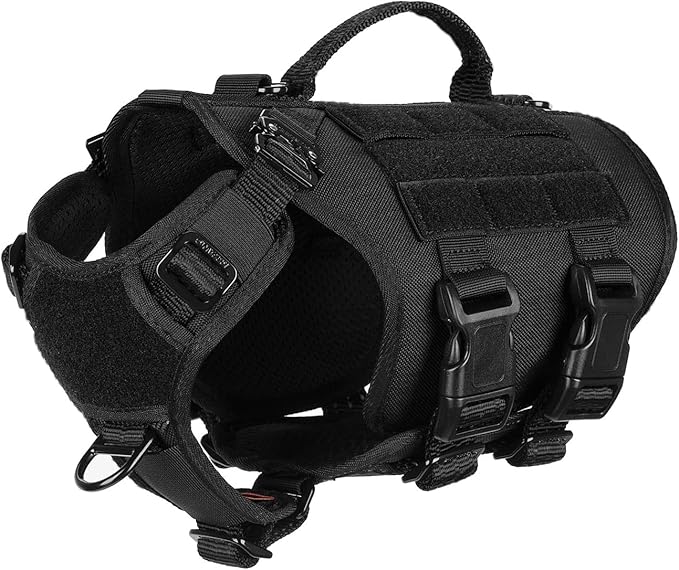 ICEFANG No Pull Tactical Dog Harness for X-Small Dogs,Adjustable Dog Vest | Control Handle,MOLLE Panel,Front Hook,3 Leash Clips,Soft Padded,for walking training,Black,X-Small