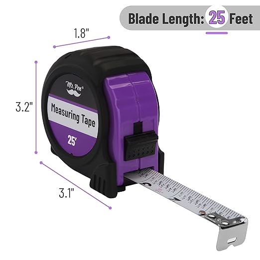Mr. Pen- Retractable Tape Measure 25 ft, Purple, Easy Read, Steel Retractable Measuring Tape with Fractions, Ideal for Construction & DIY Projects
