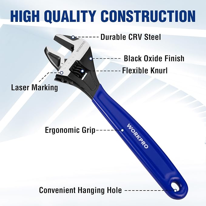 WORKPRO 3 PCS Adjustable Wrench Set, 6", 8" & 10" Wide Jaw Wrenches | Cr-V Steel Wrenches with Black Oxide Finish, Metric & SAE Scales for Home, Garage and Workshop Use