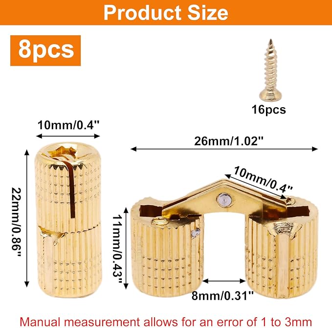 10mm Hidden Brass Barrel Hinges 180 Degree Opening Angle Cabinet Hinges for DIY Jewelry Box 8 Pack