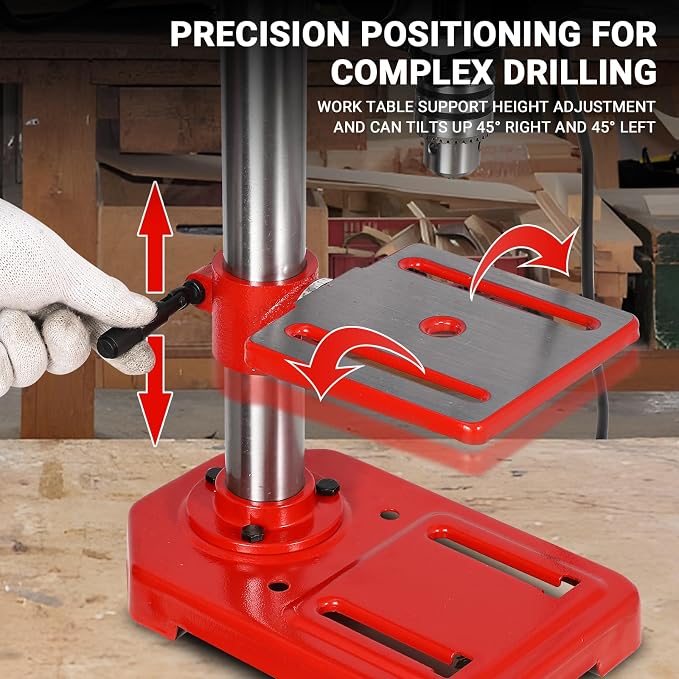 Garvee 8" Benchtop Drill Press, Laser Ray (Class II Max. 1mW), Tabletop Drilling Machine with 5 Adjustable Speeds (620 to 3100 RPM), 0-45°Tilting Worktable with LED Light (1W), for Wood or Metal