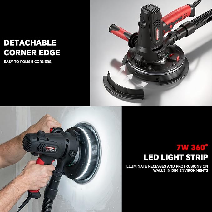 AEROPRO Tools Electric Drywall Sander 800W with Vacuum Dust Collection, Popcorn Ceiling Remover, 1200-2300RPM, Soft Start, LED Light, Auxiliary Handle, 12 Sanding Discs & 1 Polishing Pad