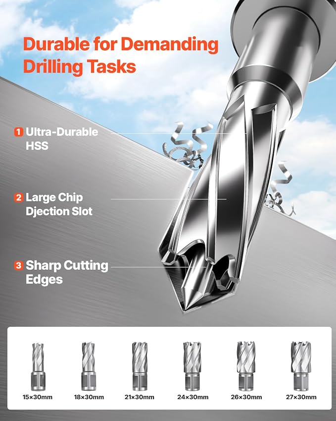 VEVOR 1450W Mag Drill Press, 2" Core Drilling Machine, 2922 lbf Variable Speed Portable Magnetic Drill, Heavy Duty Metal Hole Cutter with 6 Annular Cutters for I-Beam Steel Fabrication & Jobsite
