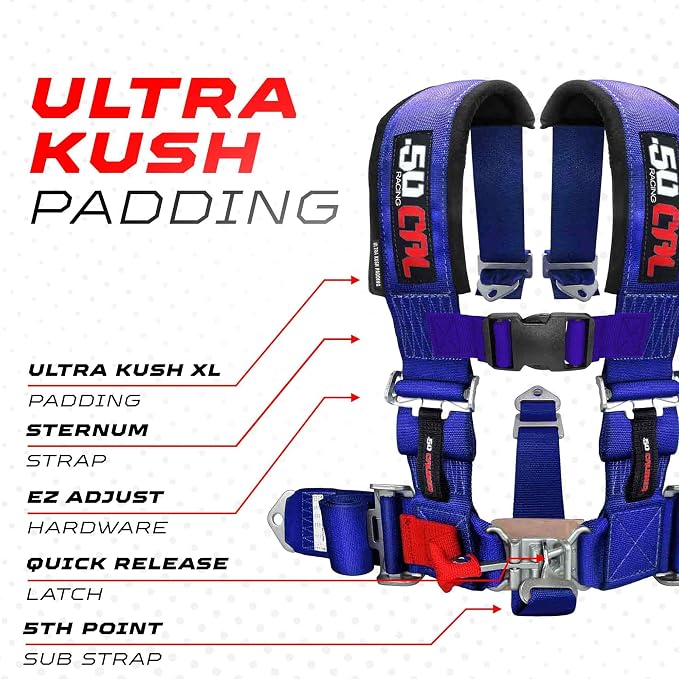 1pc 50 Cal Blue 5 Point Harness w/ 2" Straps, Racing Harness Seat Belt | Ultra Kush padding, Race latch quick release hardware. Universal Fit for UTV, RZR, race car. Part# 6009A6
