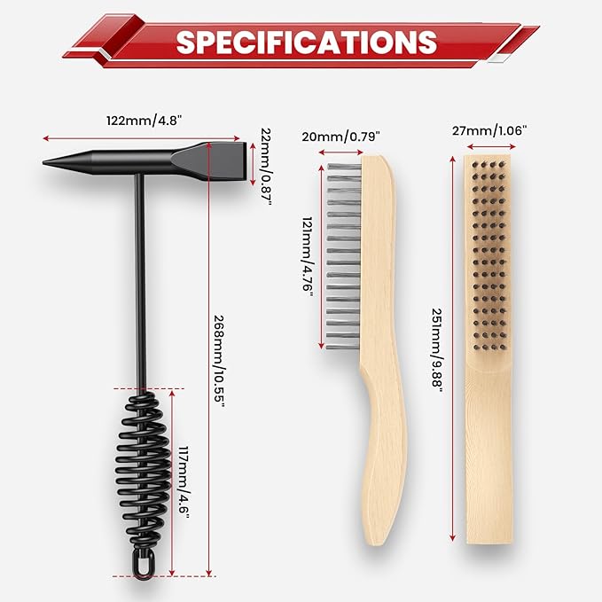 bestarc Welding Chipping Hammer and Wire Brush Set, 10.5" Slag Hammer with Coil Spring Handle, Cone and Vertical Chisel, 9.8" Wire Brush for Rust, Spatter Removal
