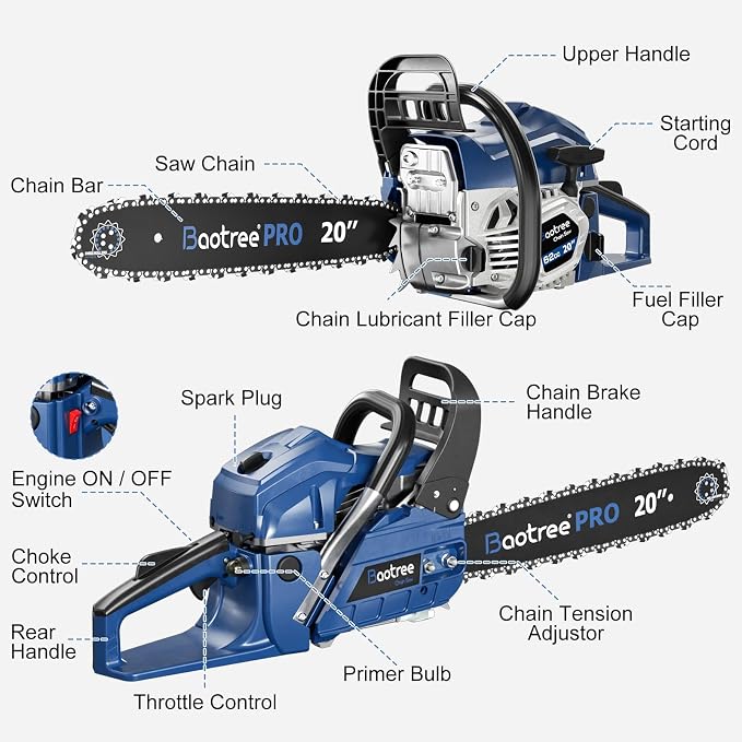 62cc 2-Cycle 20 Inch Gas Chainsaw for Tree Cutting, Firewood, Logging | Anti-Vibration System, Quick Start Technology