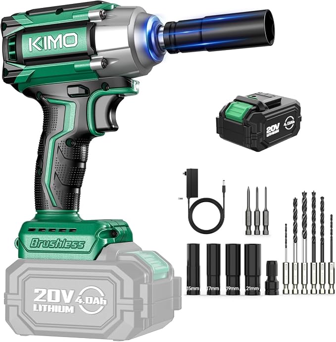 KIMO Impact Wrench 1/2 Cordless, 550N.m (410ft-lbs), 4000RPM, 9-Piece Drill & Driver Set, 4 Sockets Impact Drill for Car Tires, Safety Lock, Variable Modes, 4000mAh Battery Power Smart Impact Wrench