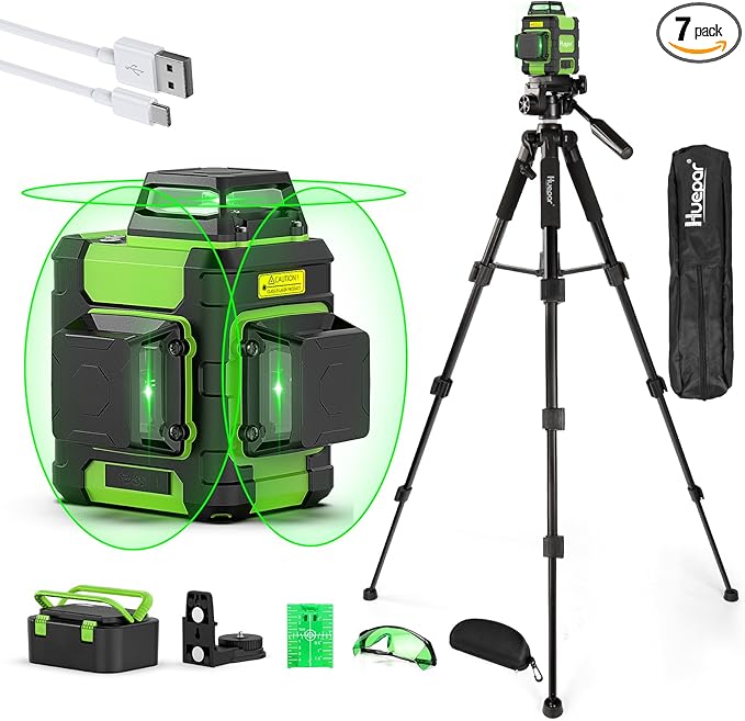 Huepar Laser Level 360° with Tall Tripod, Self Leveling Rechargeable Lazer Leveler for Construction and Picture Hanging, Nivel Laser with Pluse Mode for Outdoor, Hard Carry Case, 50" Tripod, Glasses