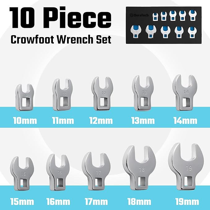 DURATECH 10-Piece 3/8" Drive Crowfoot Wrench Set, Open End Wrench Set, Metric, 10-19mm, CR-V Steel, with EVA Foam Tool Organizer