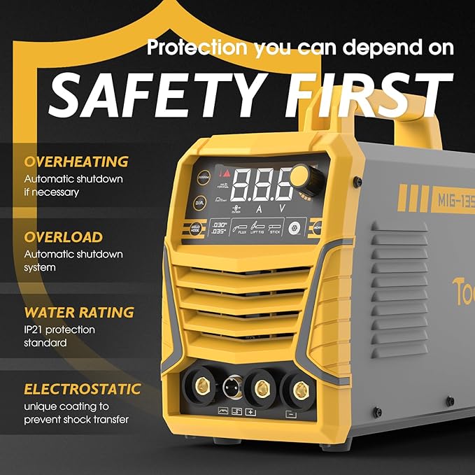 TOOLIOM 135A Gasless Flux Core MIG Welder 110V MIG Welder Flux MIG/Lift TIG/Stick 3 in 1 Welding Machine IGBT DC Inverter with LCD Display