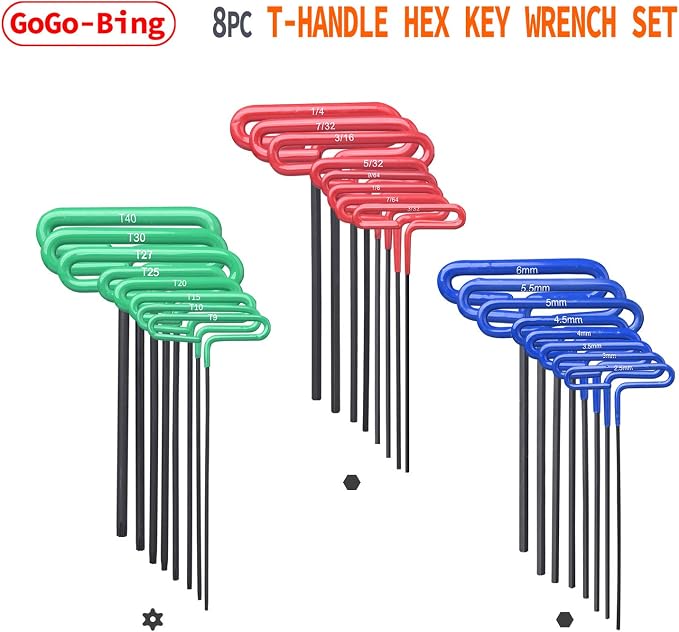 GogoBing Cushion Grip Hex T-Key Torx Key Wrench Set - 8pc set Torx Sizes T9, T10, T15, T20, T25, T27, T30, T40, Green.
