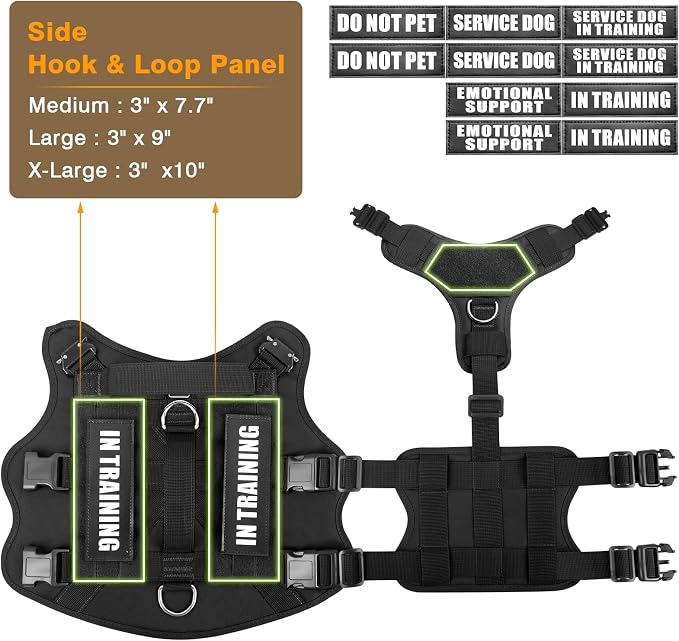 Service Dog Vest Harness for Large Dog, Tactical Working MOLLE Vest with 10 Pet Patches, No Pull Heavy Duty Harness for Training Walking