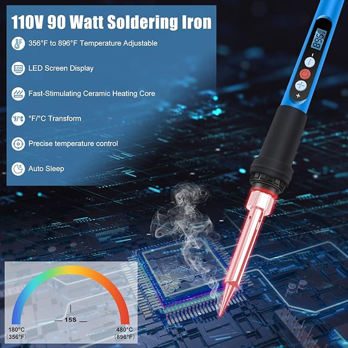 Soldering Iron Kit, 90W 110V Fast Heat up LCD Digital Soldering Gun kit with Ceramic Heater, 10 in 1 Adjustable Temperature Soldering Kit with Automatic Sleep Mode
