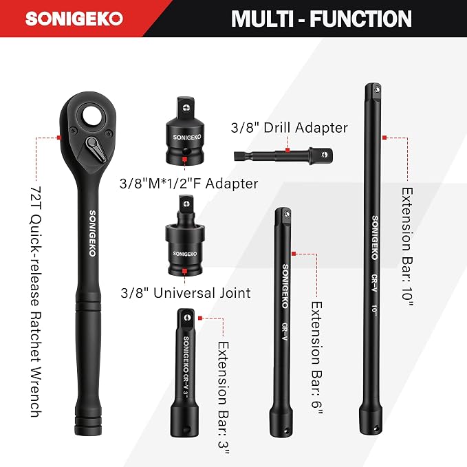 67-Piece 3/8" Drive Impact Socket Set,SAE 5/16"-3/4" & Metric 8-19mm | 6 Point CR-V Steel Sockets,Extension Bars ,20-Piece CR-MO Swivel Sockets, Universal Joint, Ratchet Handle and Adapter