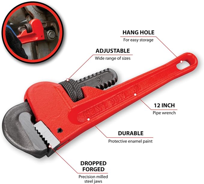 Performance Tool W1133-8B 8 in. Red Adjustable Pipe Wrench
