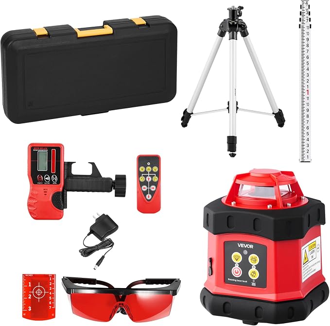 VEVOR Rotary Laser Level Kit, 984ft 360-Degree Self Leveling Red Horizontal Laser Transit,with Tripod,Receiver,Remote Control, Scale, Toolcase, IP54 Waterproof, 0.12in/100ft Precision for Construction