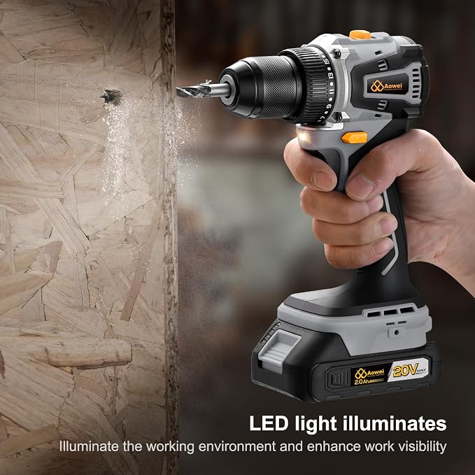 20V Brushless Cordless Lithium-Ion Drill Set, Compact Design, Gray Rechargeable Lithium-Ion Drill Kit, including 2.0Ah Battery, Charger and 3/8-inch Keyless Chuck