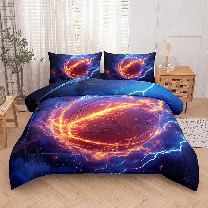 5 Pieces Basketball Comforter Full,Boys Basketball Bedding Set,Fire and Ice Basketball Theme Sports Comforter Set Full,Boys Bed Set with Sheets(Blue)