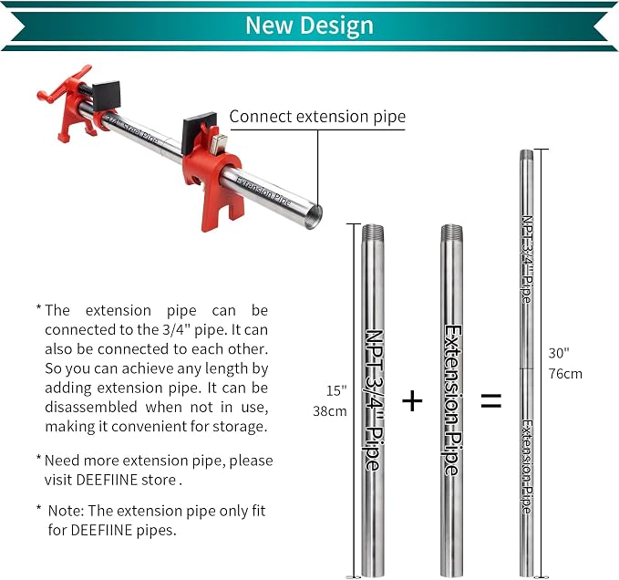 3/4"x24" Wood Gluing Pipe Clamp Fixture for Woodworking | 2-Pack 3/4" H-Style Cast Iron Pipe Clamp Set with Extension Pipe for Cabinet,Furniture&Carpentry, 1766LBS Load Limit
