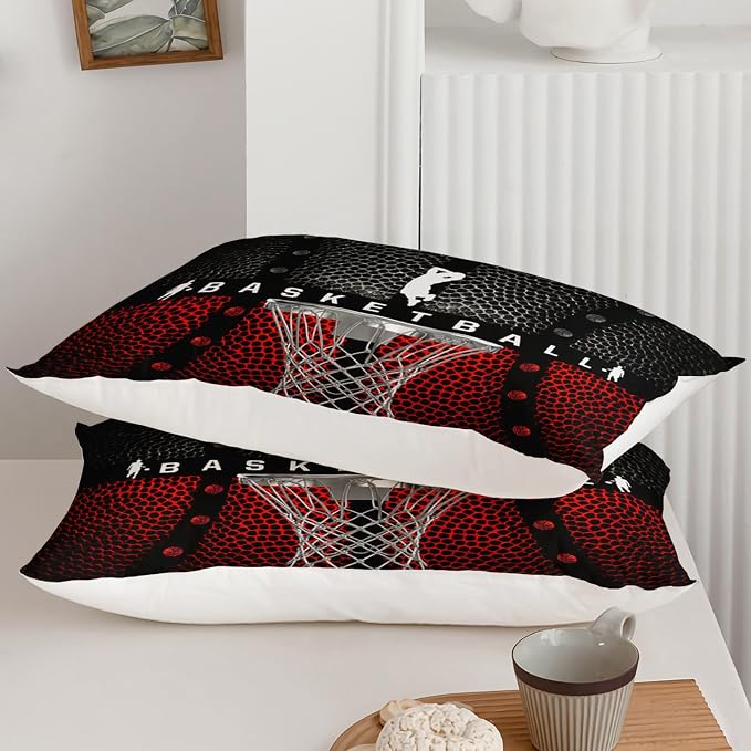 Axolotl Basketball Bedding Set for Boys Kids Teens,Black and Red Sports Themed Bedding,3D Basketball Comforter,Ball Sports Games Quilt Set with 1 Comforter and 2 Pillowcases All Season,King Size