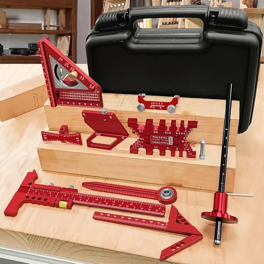 Woodworking Measuring Tools with Box, Aluminum Scribeing Ruler, Multi-Purpose Marking Ruler, Precision Layout Measuring Tool Carpentry Square Kits for Engineer Carpenter (10pcs with Box)