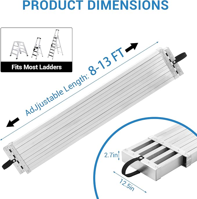 8-13FT Aluminum Telescoping Plank, 440lbs Capacity, Extension Scaffolding Plank with Skid-Proof Platform Scaffold Ladder Accessory