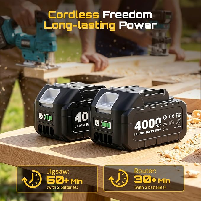 SEESII Cordless Jigsaw and Wood Router Tool Combo Kit | with Batteries and Charger, Brushless Aluminum Palm Router, 0-45° Bevel Jig Saw, Adjustable Speed for Cutting & Trimming