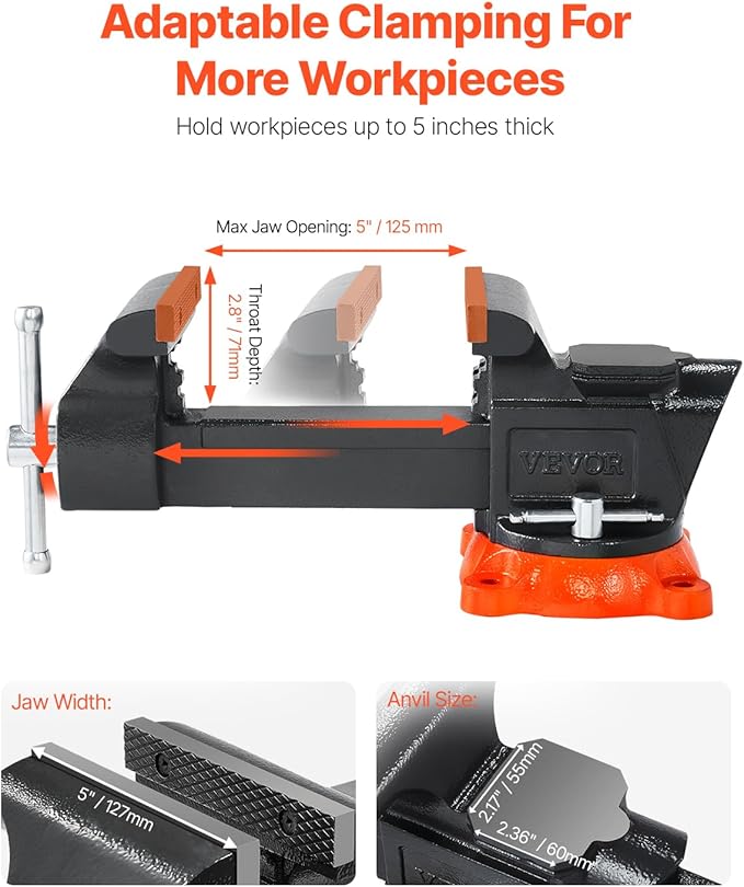 VEVOR Bench Vise, 5" Jaw Width, 5" Max Jaw Opening Multipurpose Vise with 360° Swivel Locking Base, 2.8" Throat Depth, Heavy Duty Ductile Iron Workbench Vise with Anvil, for Clamping Round Pipes